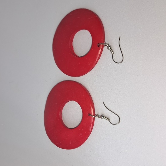 Red Wood Dangle Earrings with Silver Hardware - Picture 5 of 5